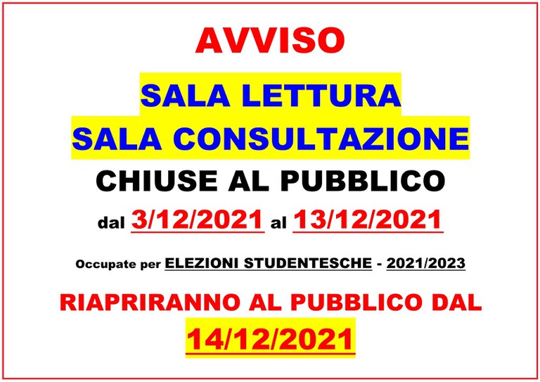 AVVISO Chiusura 3/12/21 al 13/12/2021 ELEZIONI STUDENTI