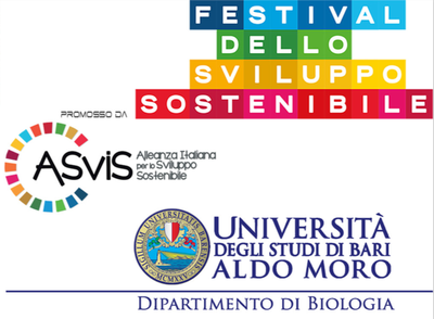 Logo Festivale dello Sviluppo sostenibile;Logo ASVIS Alleanza Italiana per lo Sviluppo Sostenibile;Logo UniBA Universita'degli studi di Bari Aldo Moro.